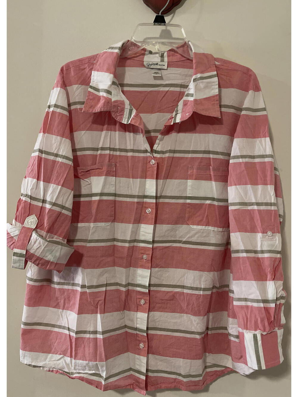 Jaclyn Smith Womens 3x Pink & White Striped Full-Button Cotton Shirt! A4834